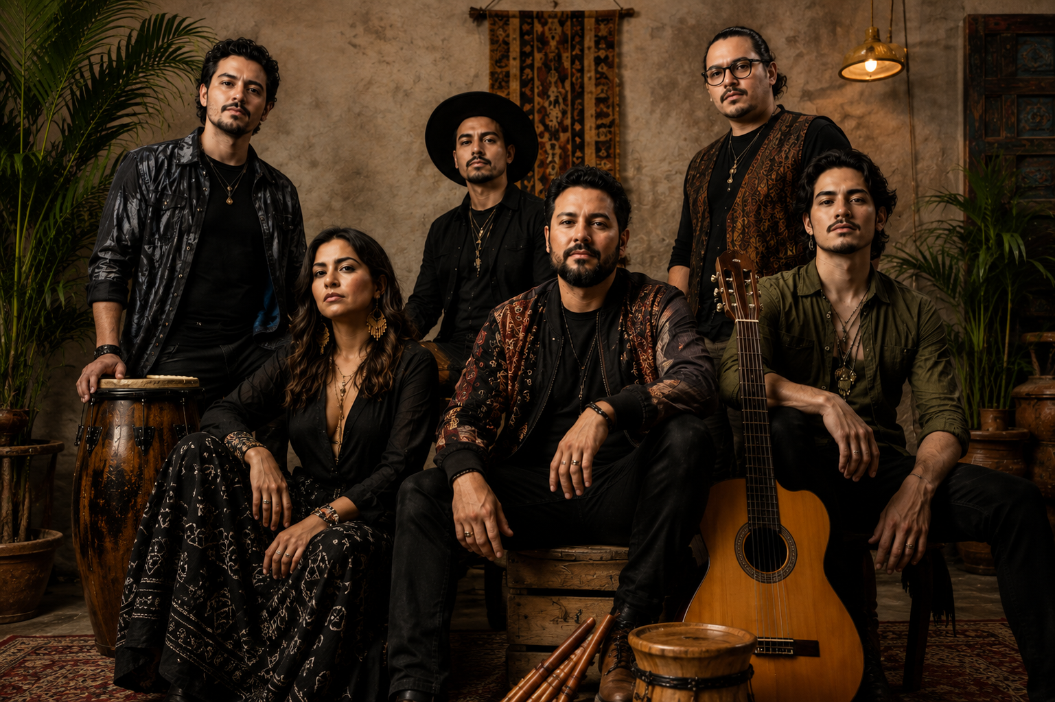 Integrantes de una banda de fusión latinoamericana durante una sesión editorial para la presentación de Rituales.
